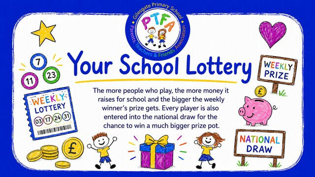 Your School Lottery for Gilesgate Primary PTFA An image that describes how users can sign up to Your School Lottery to buy weekly tickets for a draw that supports the PTFA and gives them the opportunity to win prizes.